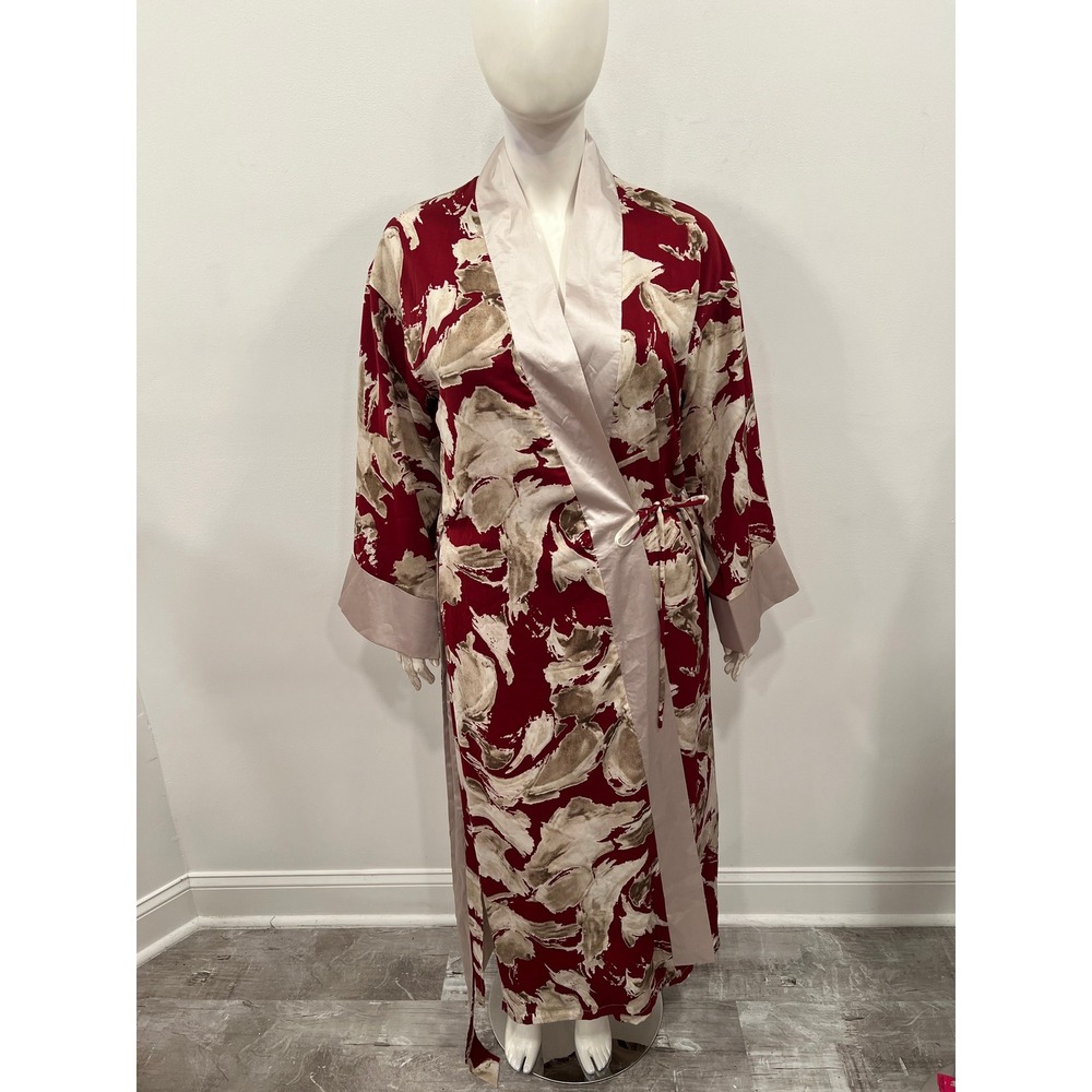 Kimon Red Beige Abstract Print Satin Trim Kimono Robe Long Cardigan Size Medium